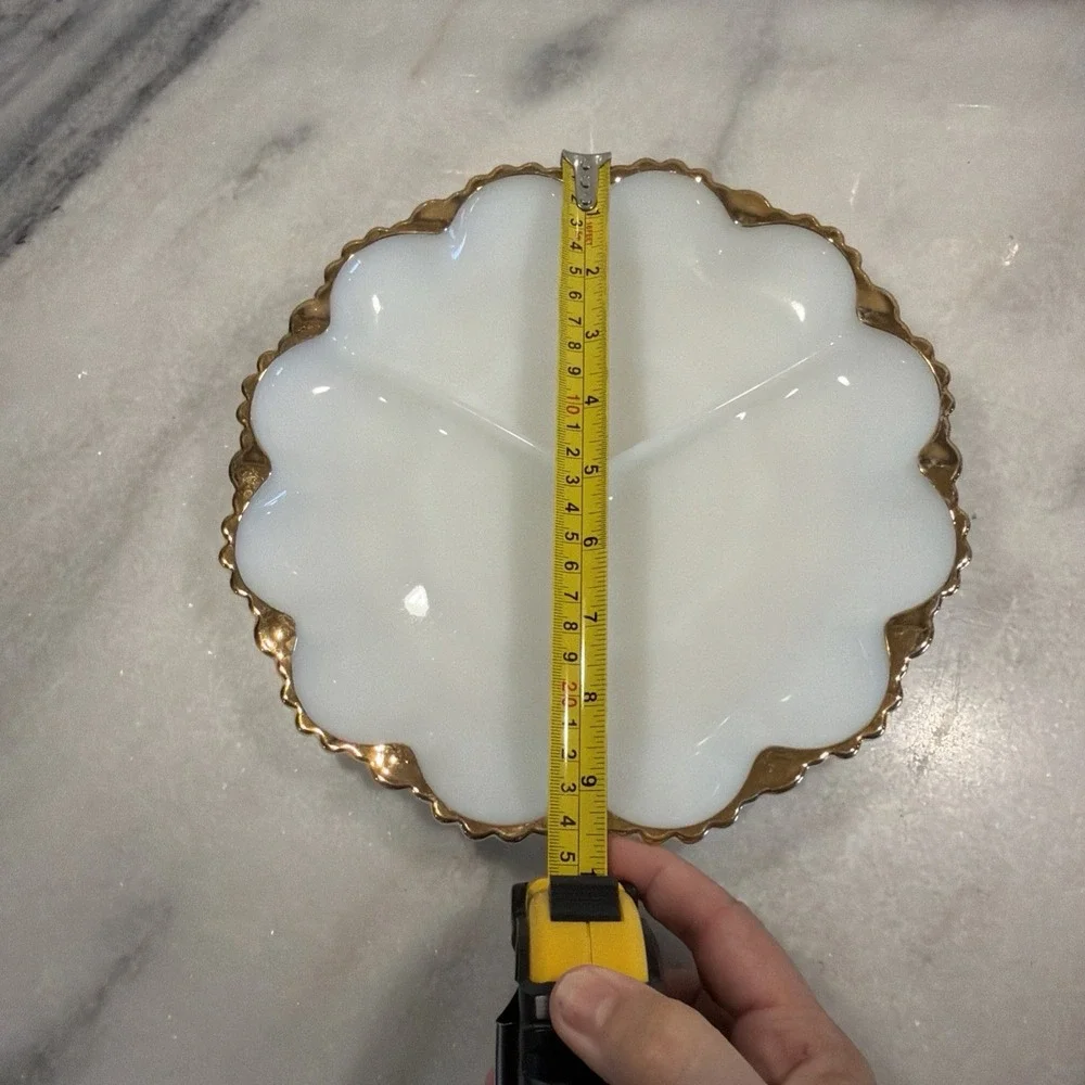 Vintage Anchor Hocking Fire King White Milk Glass Divided DishWith Gold Trim 001